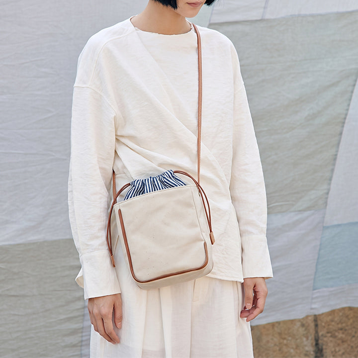 Canvas Bucket Bag with Leather Trim Drawstring Crossbody Mini Bag