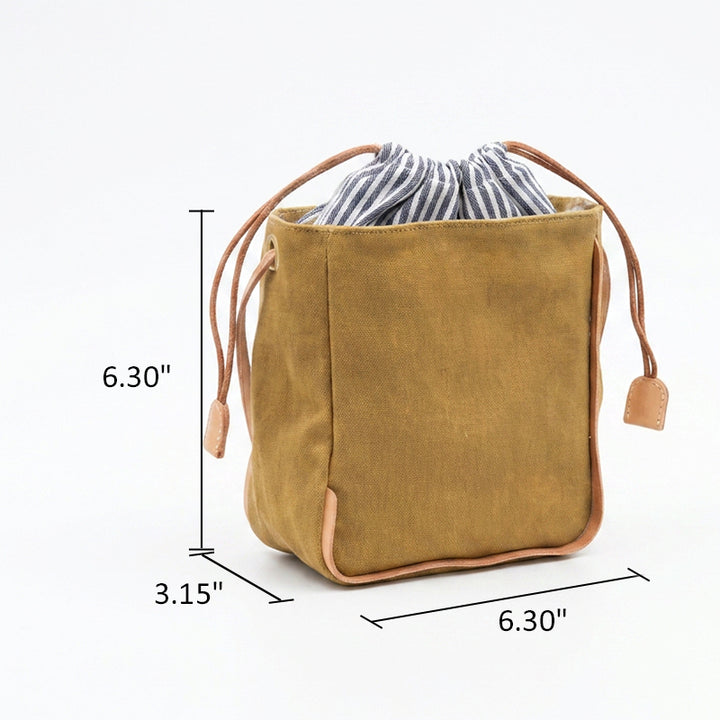 Canvas Bucket Bag with Leather Trim Drawstring Crossbody Mini Bag