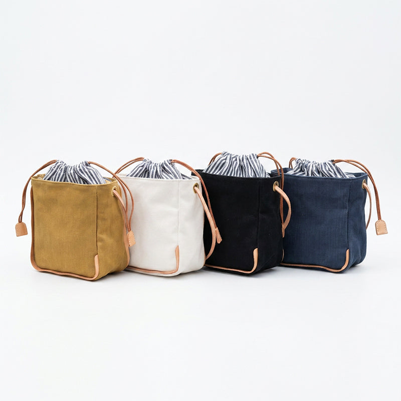 Canvas Bucket Bag with Leather Trim Drawstring Crossbody Mini Bag