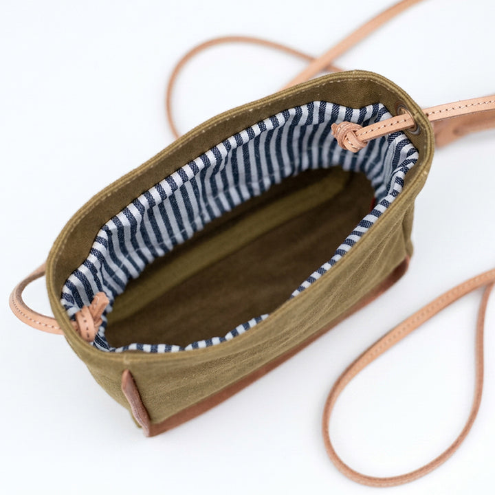Canvas Bucket Bag with Leather Trim Drawstring Crossbody Mini Bag