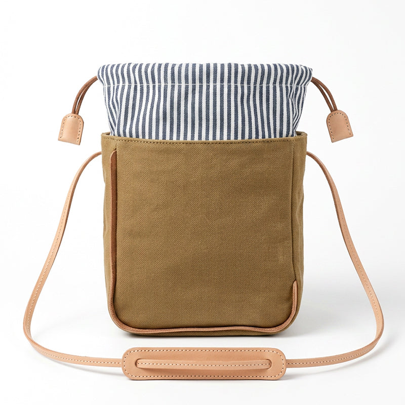 Canvas Bucket Bag with Leather Trim Drawstring Crossbody Mini Bag