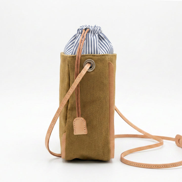 Canvas Bucket Bag with Leather Trim Drawstring Crossbody Mini Bag
