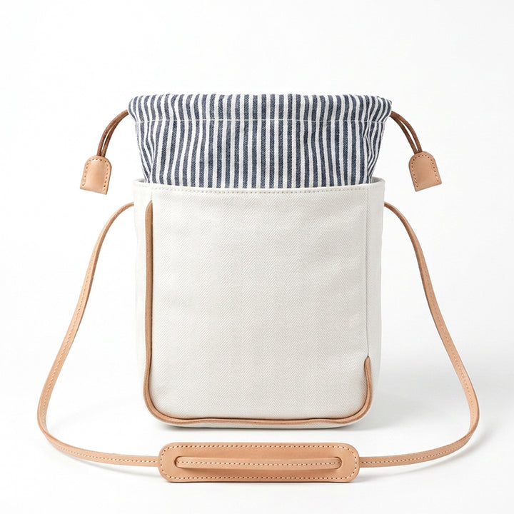 Canvas Bucket Bag with Leather Trim Drawstring Crossbody Mini Bag