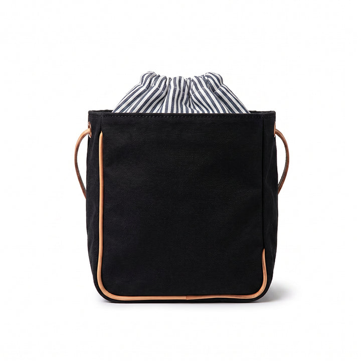 Canvas Bucket Bag with Leather Trim Drawstring Crossbody Mini Bag
