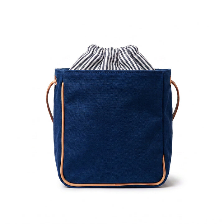 Canvas Bucket Bag with Leather Trim Drawstring Crossbody Mini Bag