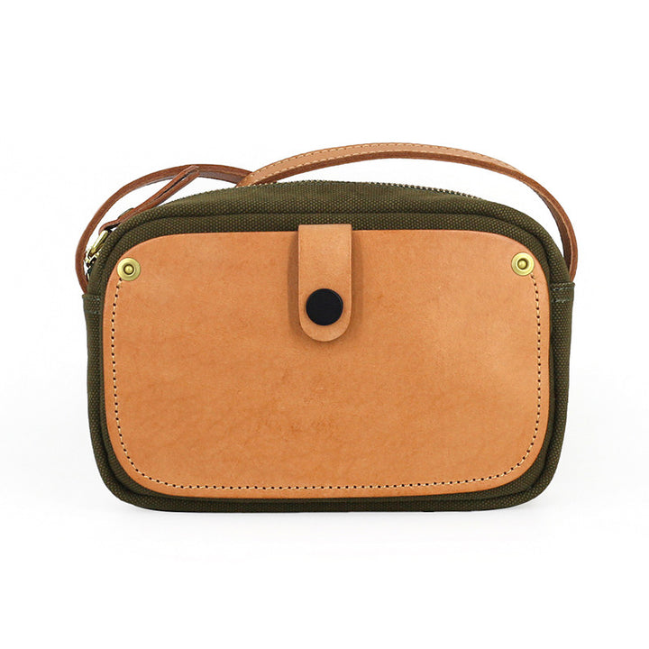 Canvas Crossbody Bag with Leather Pocket Zip Top Mini Vintage Bag