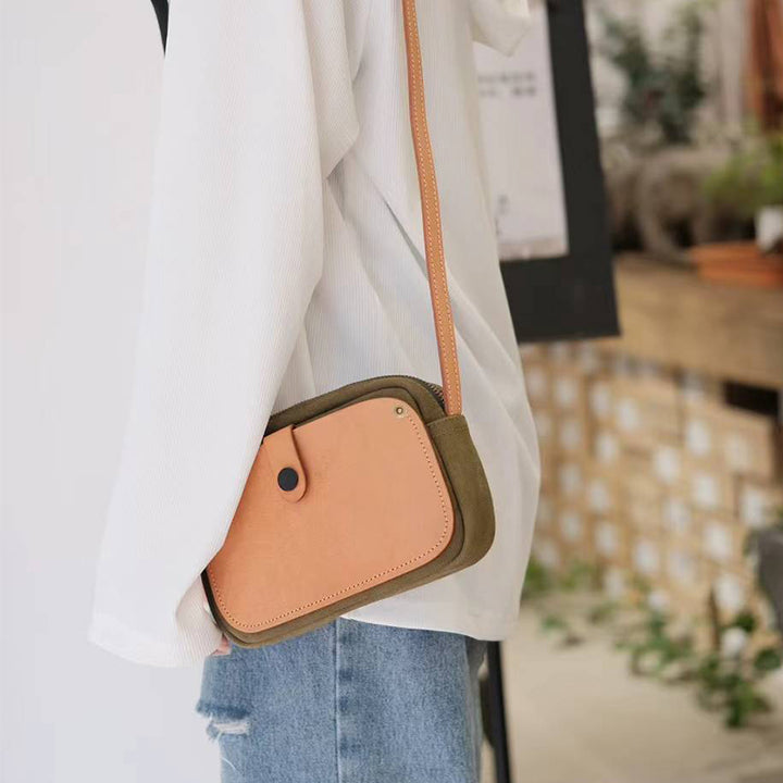 Canvas Crossbody Bag with Leather Pocket Zip Top Mini Vintage Bag