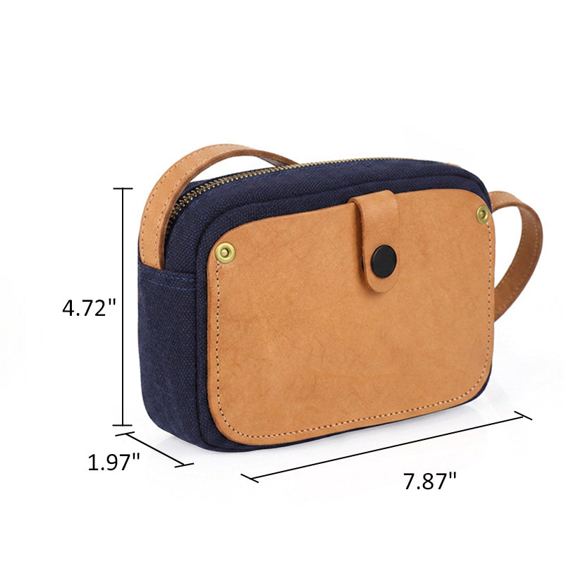Canvas Crossbody Bag with Leather Pocket Zip Top Mini Vintage Bag