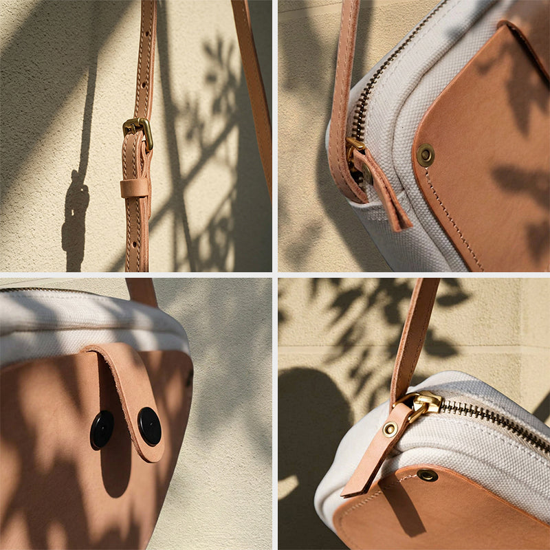 Canvas Crossbody Bag with Leather Pocket Zip Top Mini Vintage Bag