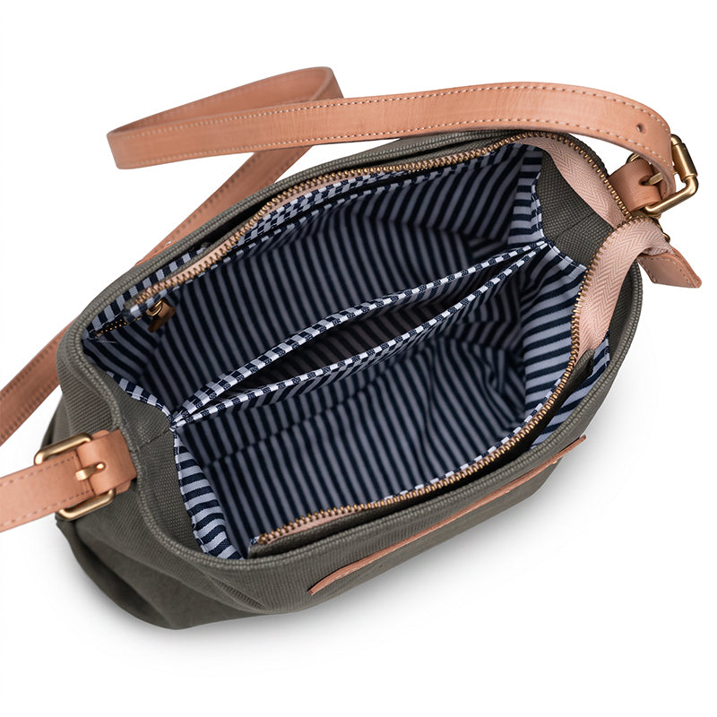 Canvas Crossbody Bag with Leather Trim Zip Top Shoulder Bag