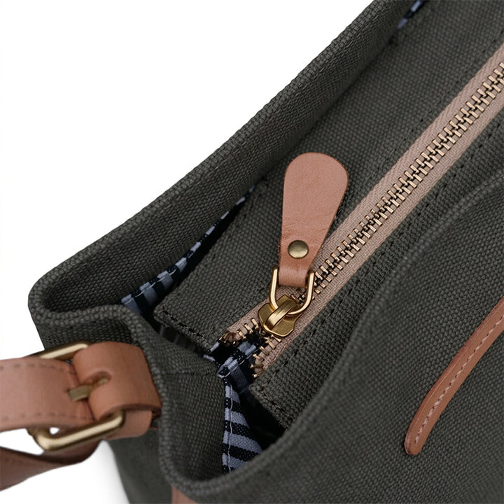 Canvas Crossbody Bag with Leather Trim Zip Top Shoulder Bag
