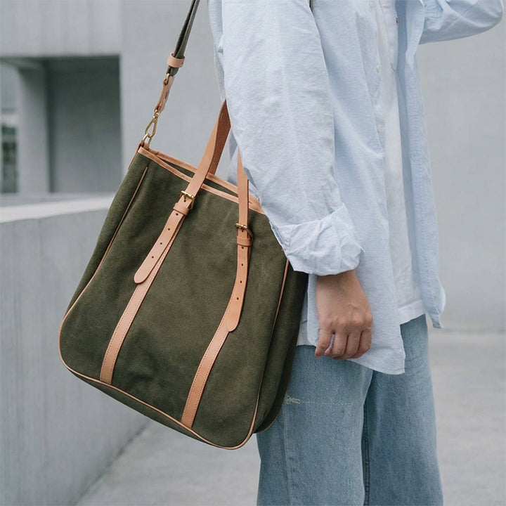Canvas Tote Bag with Leather Harness Straps Work &amp; Laptop