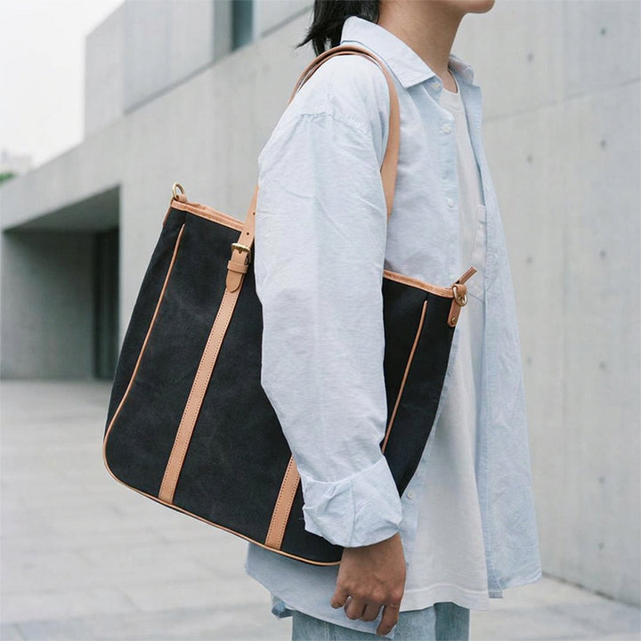 Canvas Tote Bag with Leather Harness Straps Work &amp; Laptop