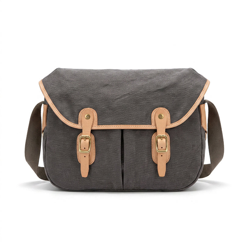 Canvas Messenger Bag with Leather Buckle Straps Vintage