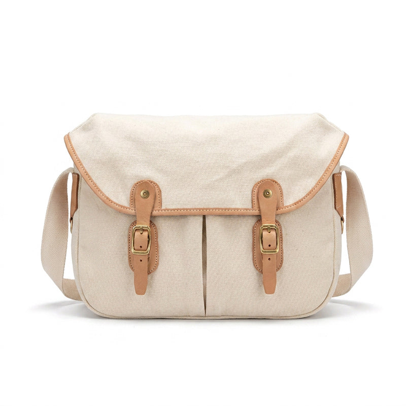 Canvas Messenger Bag with Leather Buckle Straps Vintage