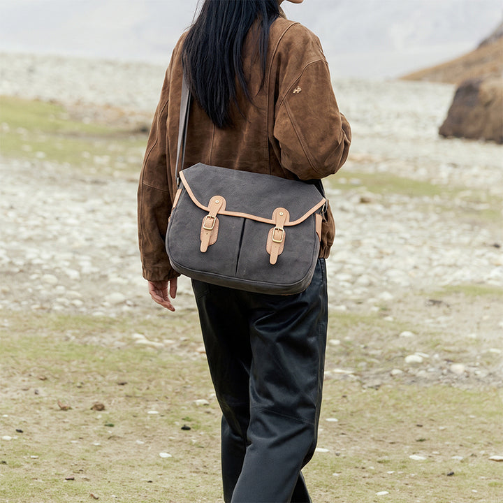 Canvas Messenger Bag with Leather Buckle Straps Vintage