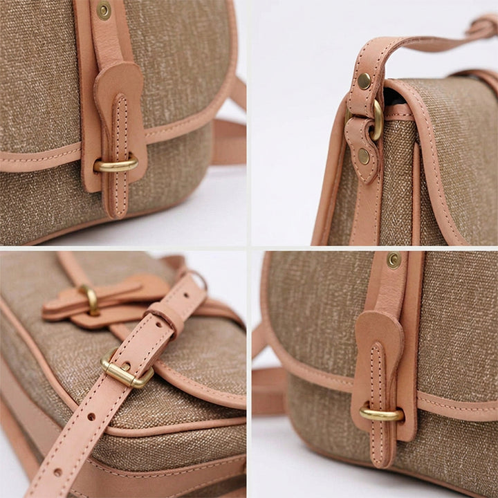 Crossbody Saddle Bag Salt-and-Pepper Canvas Vegetable-Tanned Leather Vintage