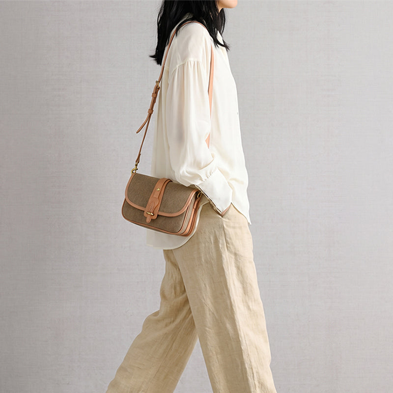 Crossbody Saddle Bag Salt-and-Pepper Canvas Vegetable-Tanned Leather Vintage