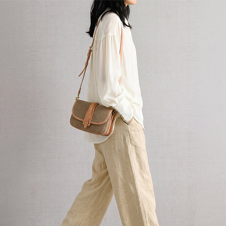 Crossbody Saddle Bag Salt-and-Pepper Canvas Vegetable-Tanned Leather Vintage