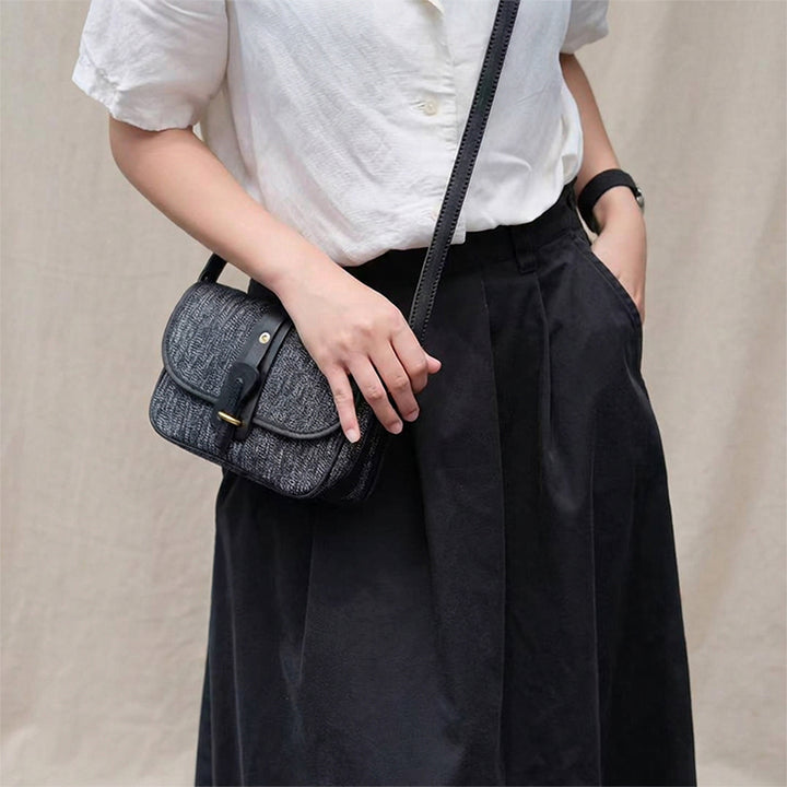 Crossbody Saddle Bag Salt-and-Pepper Canvas Vegetable-Tanned Leather Vintage