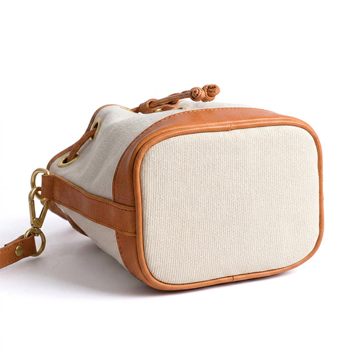 Mini Bucket Bag Canvas Leather Trim Drawstring Vintage Crossbody