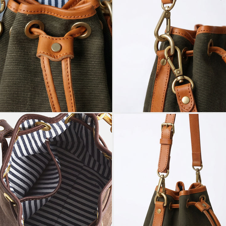 Mini Bucket Bag Canvas Leather Trim Drawstring Vintage Crossbody