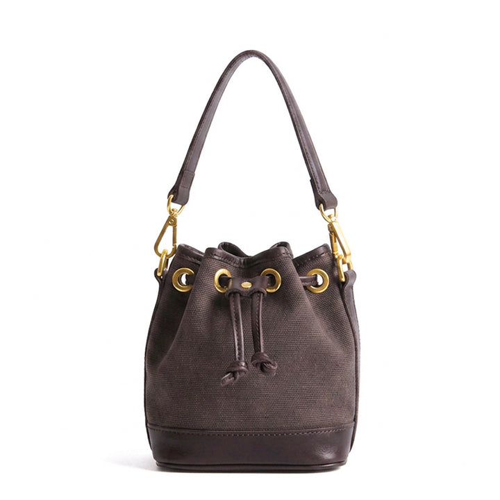 Mini Bucket Bag Canvas Leather Trim Drawstring Vintage Crossbody
