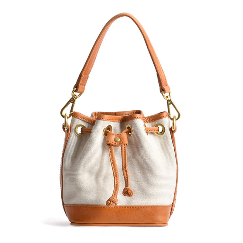 Mini Bucket Bag Canvas Leather Trim Drawstring Vintage Crossbody