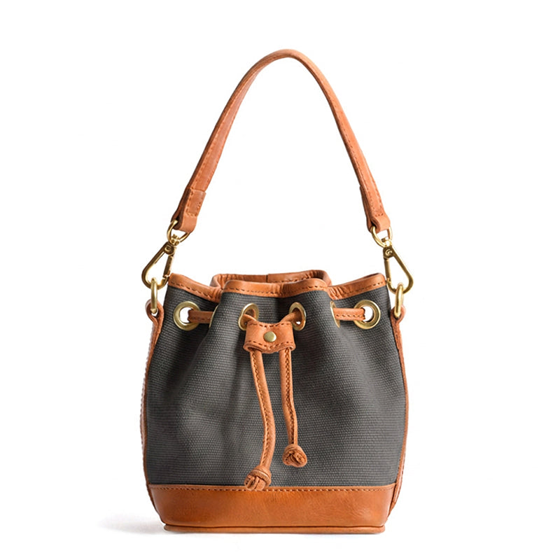 Mini Bucket Bag Canvas Leather Trim Drawstring Vintage Crossbody