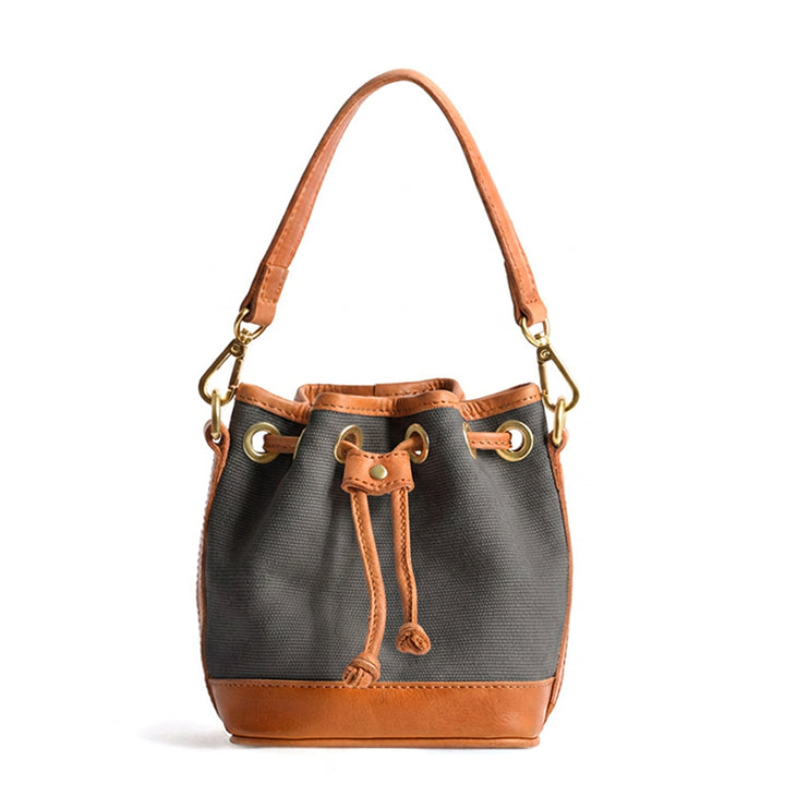 Mini Bucket Bag Canvas Leather Trim Drawstring Vintage Crossbody
