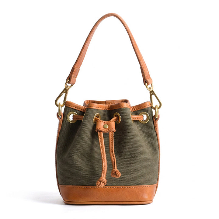 Mini Bucket Bag Canvas Leather Trim Drawstring Vintage Crossbody
