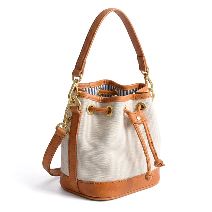 Mini Bucket Bag Canvas Leather Trim Drawstring Vintage Crossbody