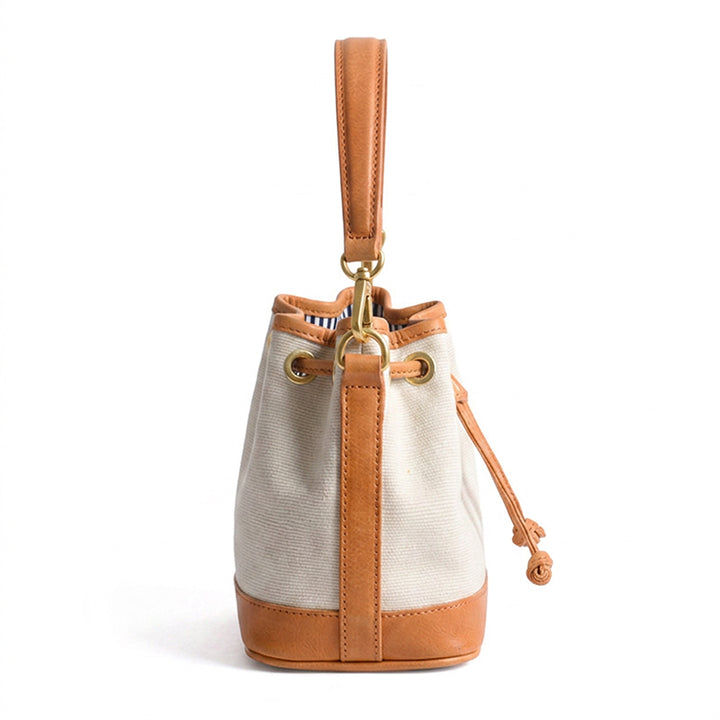 Mini Bucket Bag Canvas Leather Trim Drawstring Vintage Crossbody