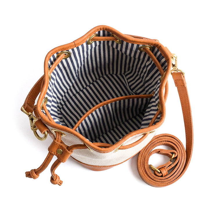 Mini Bucket Bag Canvas Leather Trim Drawstring Vintage Crossbody