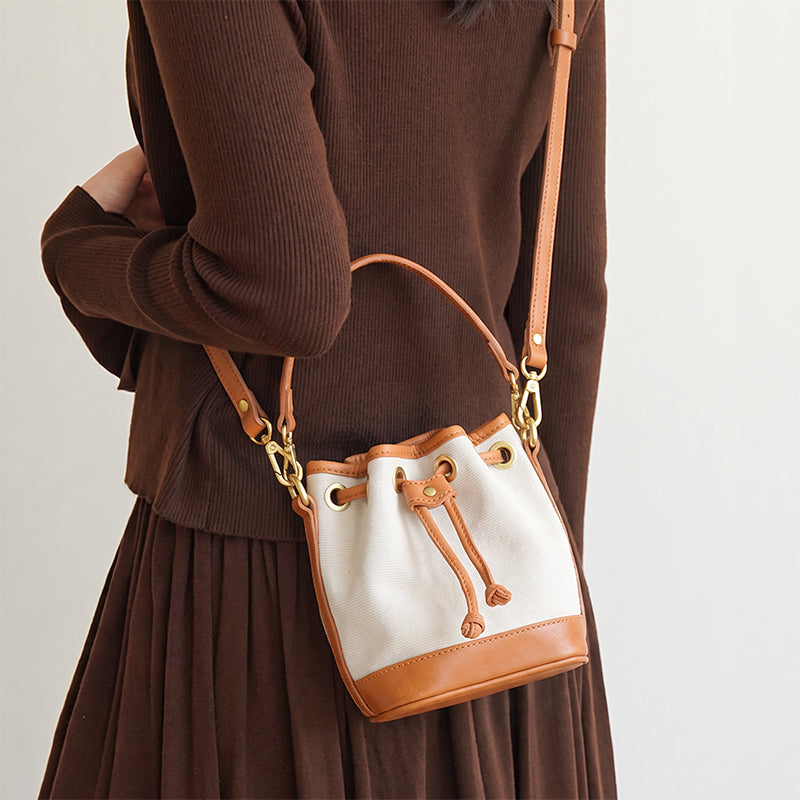 Mini Bucket Bag Canvas Leather Trim Drawstring Vintage Crossbody
