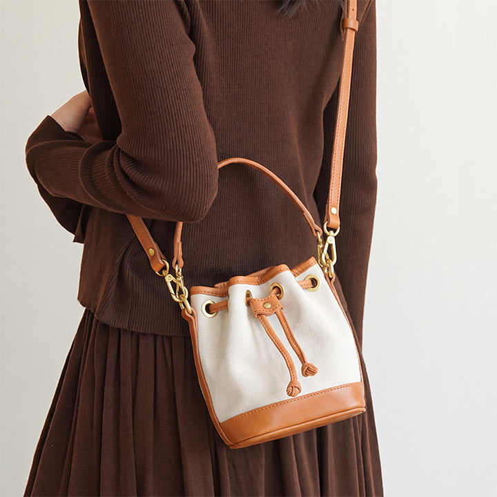 Mini Bucket Bag Canvas Leather Trim Drawstring Vintage Crossbody