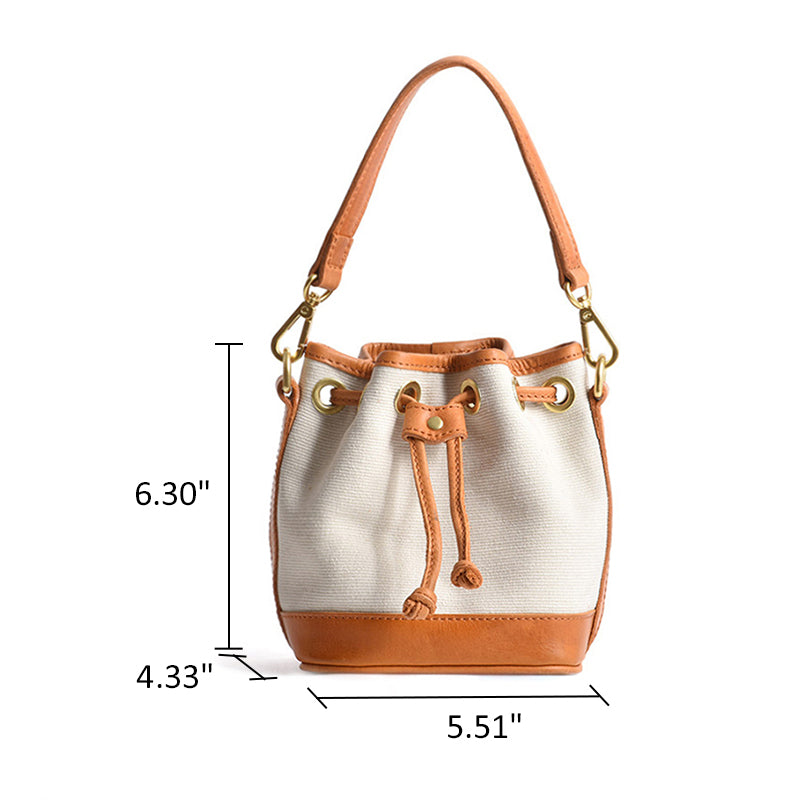 Mini Bucket Bag Canvas Leather Trim Drawstring Vintage Crossbody