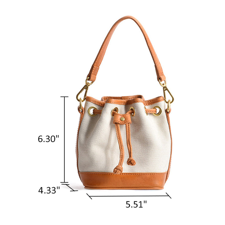 Mini Bucket Bag Canvas Leather Trim Drawstring Vintage Crossbody