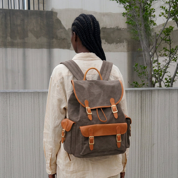 Canvas Leather Backpack Waxed Vintage Rucksack with Laptop Compartment