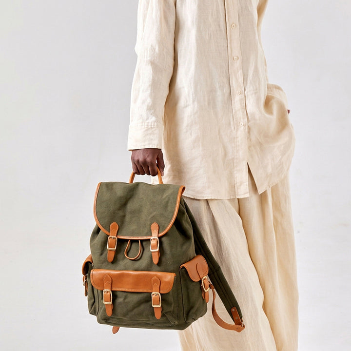Canvas Leather Backpack Waxed Vintage Rucksack with Laptop Compartment