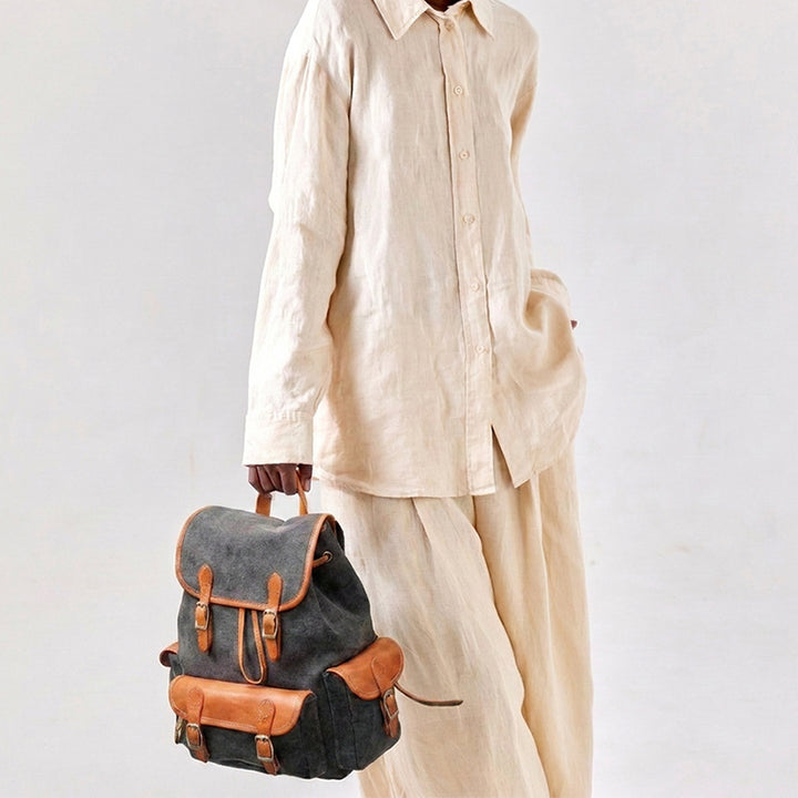 Compact Heritage Canvas Leather Backpack Everyday Rucksack
