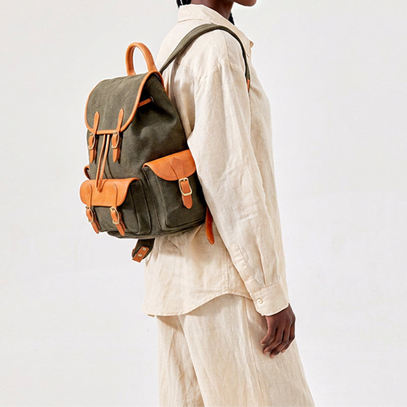 Compact Heritage Canvas Leather Backpack Everyday Rucksack