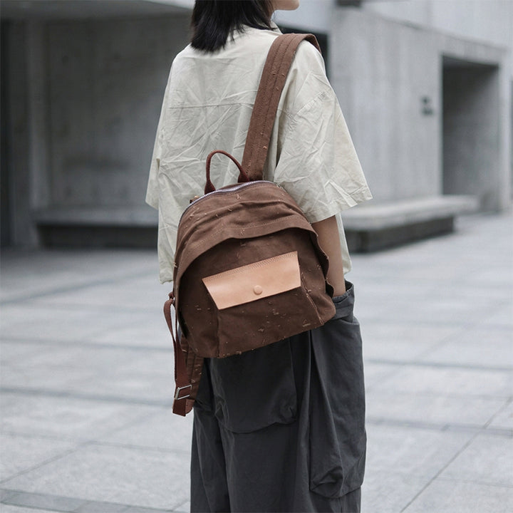 Mini Canvas Backpack Distressed Leather Pocket Casual Daypack