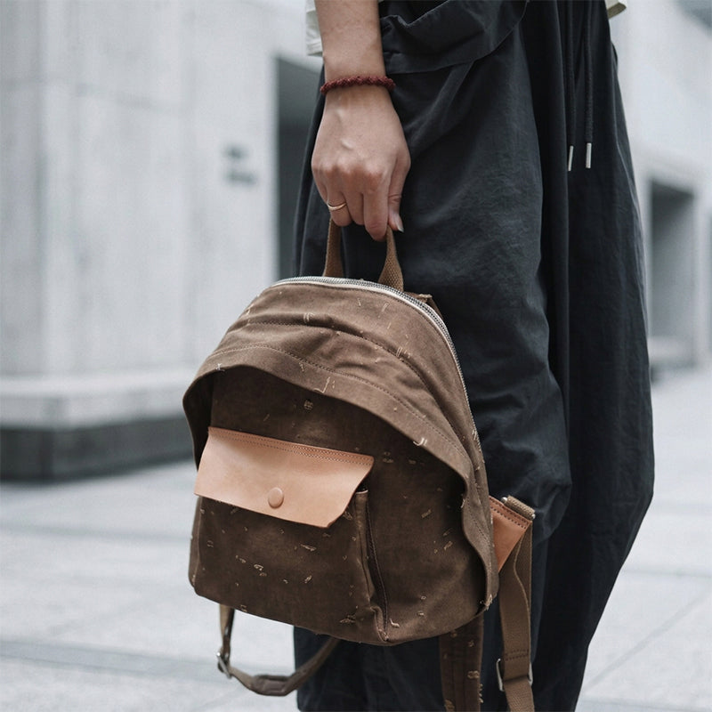 Mini Canvas Backpack Distressed Leather Pocket Casual Daypack
