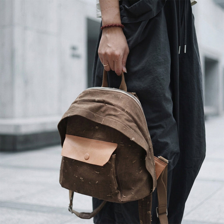 Mini Canvas Backpack Distressed Leather Pocket Casual Daypack