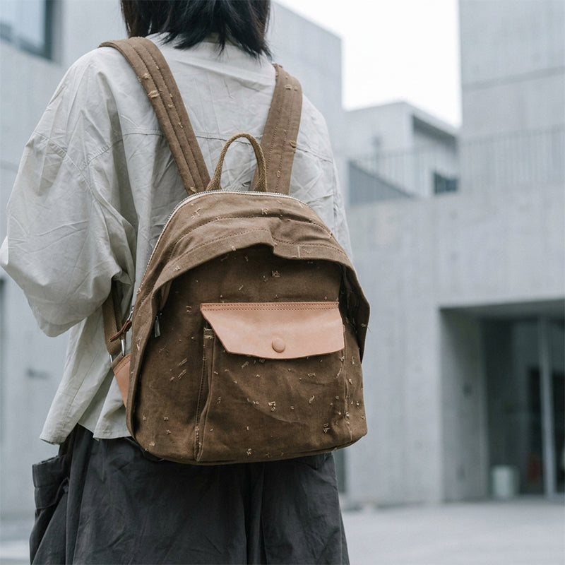 Mini Canvas Backpack Distressed Leather Pocket Casual Daypack