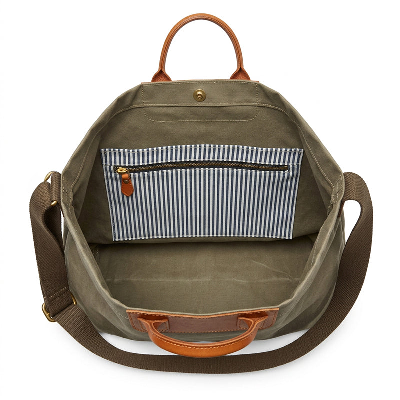 Canvas Tote Bag with Oil Wax Leather Handles Casual Carryall