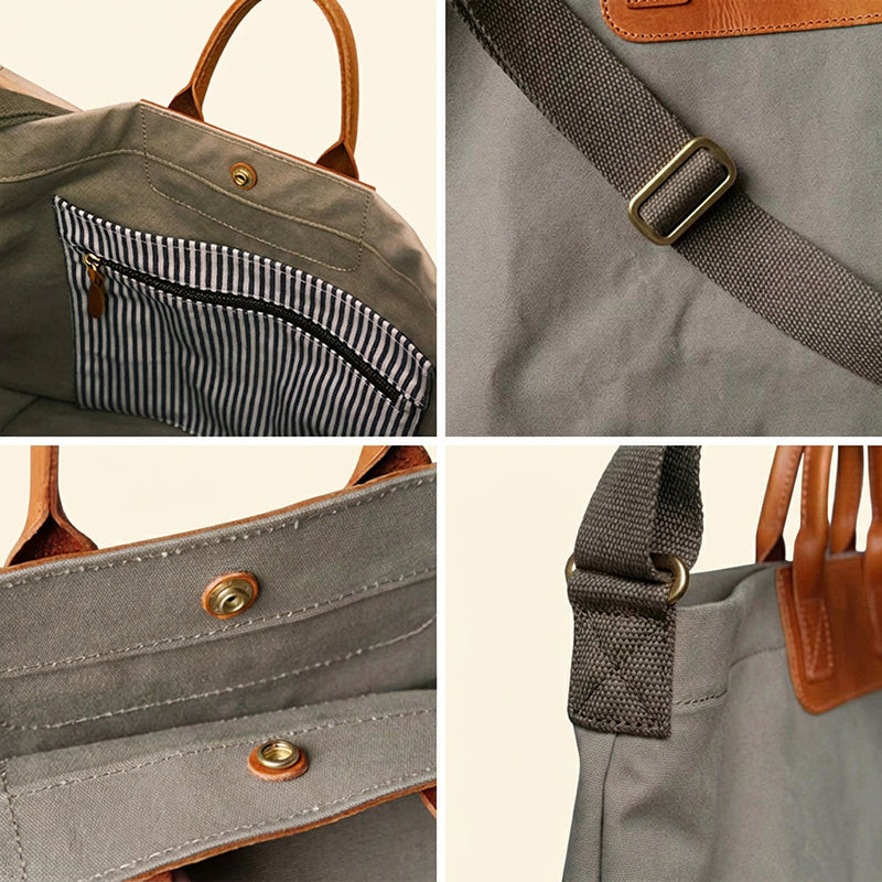 Canvas Tote Bag with Oil Wax Leather Handles Casual Carryall