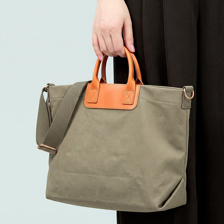 Canvas Tote Bag with Oil Wax Leather Handles Casual Carryall