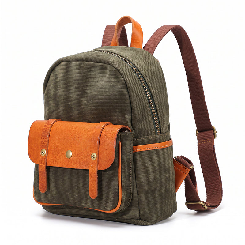 Canvas Mini Backpack Vintage Leather Flap Pocket Heritage Style